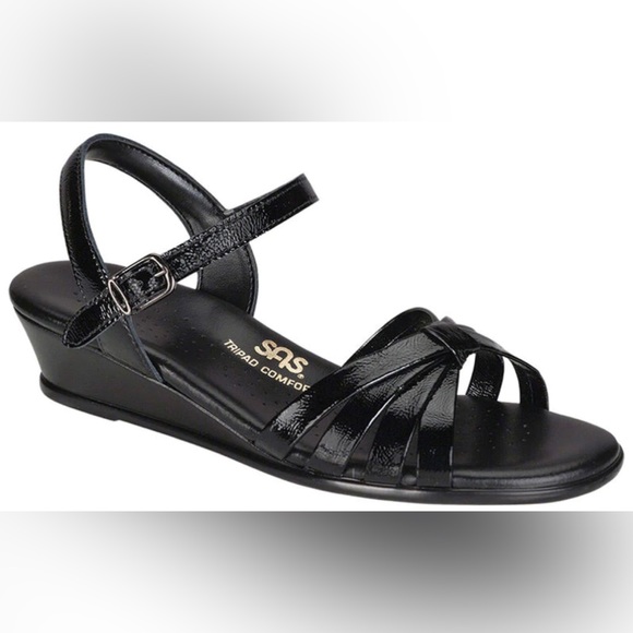 NW/OT SAS Tripad Comfort Strippy Black Patent Sandal Size 9.5 Slim - Picture 2 of 16